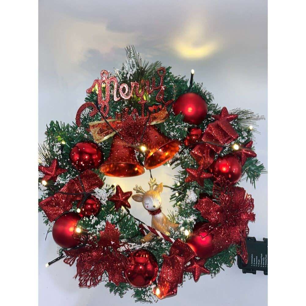 Pre Lit Merry Christmas Wreath with Twinkly Lights plus Reindeer Poinsettia Bell - Picture 7 of 16